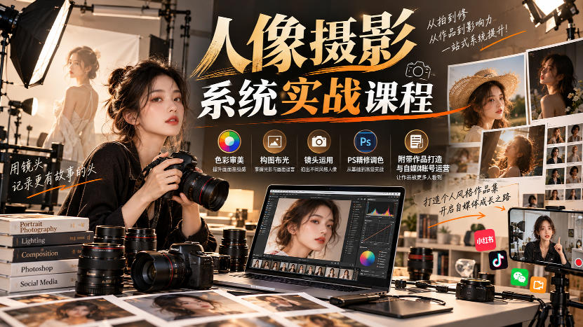 【无水印】人像摄影系统实战课程，色彩审美、构图布光、镜头运用、PS精修调色，附带作品打造与自媒体账号运营-777网创网