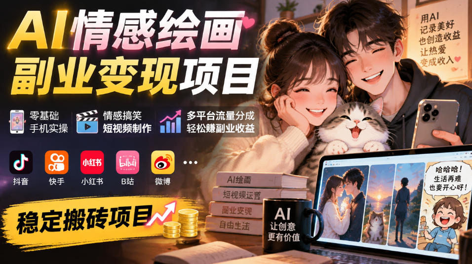 AI情感绘画副业变现项目|零基础手机实操,情感搞笑短视频制作,多平台流量分成轻松賺副业收益-777网创网