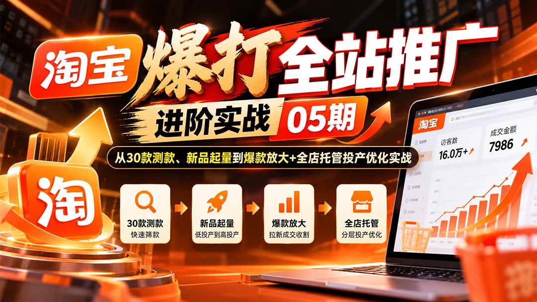 （20817期）淘宝爆打全站推广进阶实战05期：从30款测款、新品起量到爆款放大+全店托管投产优化实战-777网创网
