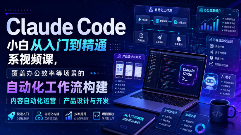 Claude Code小白从入门到精通系视频课，覆盖办公效率等场景的自动化工作流构建|内容自动化运营|产品设计与开发-777网创网