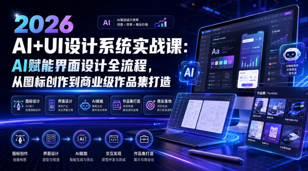2026 AI+UI设计系统实战课：AI赋能界面设计全流程，从图标创作到商业级作品集打造-777网创网