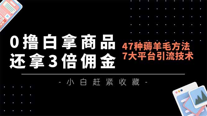 0撸白拿商品，还拿3倍佣金，47种薅羊毛方法，7大平台全方位引流技术教学，精专月入过万-777网创网