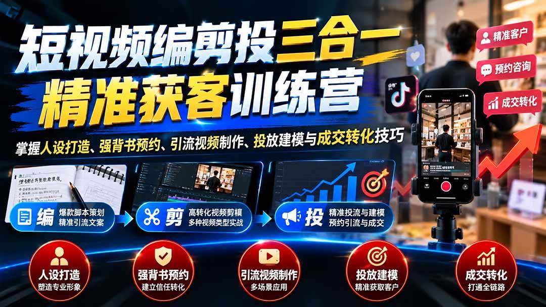 (20910期)短视频编剪投三合一精准获客训练营:掌握人设打造、强背书预约、引流视频制作、投放建模与成交转化技巧-777网创网