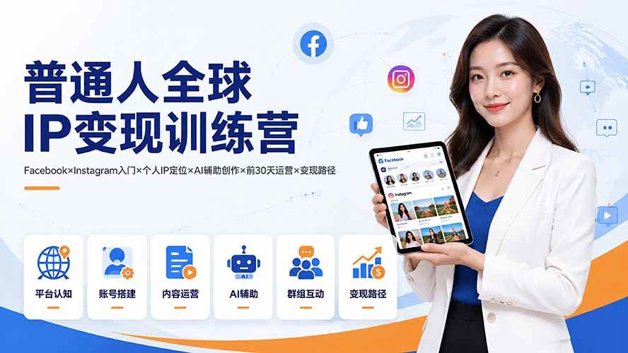 （19568期）普通人全球IP变现训练营：Facebook×Instagram入门×个人IP定位×AI辅助创作×前30天运营×变现路径-777网创网