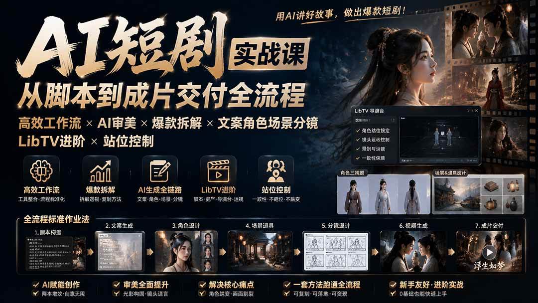 (19717期)AI短剧实战课:高效工作流×AI审美×爆款拆解×文案角色场景分镜×LibTV进阶×站位控制×从脚本到成片交付全流程 (19717期)AI短剧实战课:高效工作流×AI审美×爆款拆解×文案角色场景分镜×LibTV进阶×站位控制×从脚本到成片交付全流程