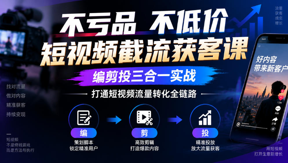 不亏品不低价短视频截流获客课,编剪投三合一实战,打通短视频流量转化全链路-777网创网