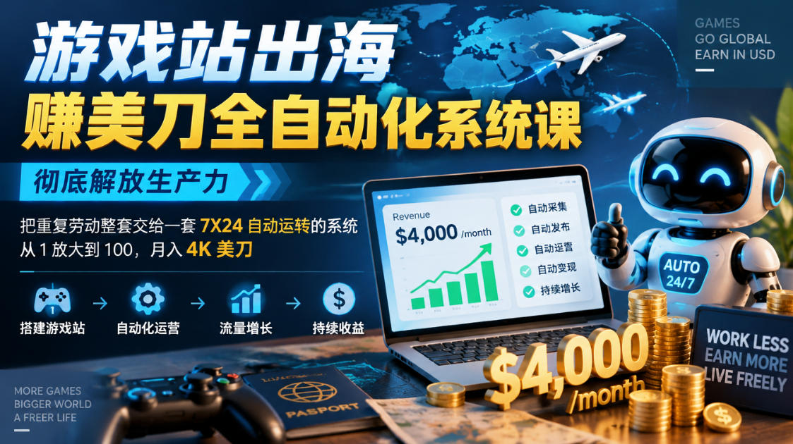游戏站出海賺美刀全自动化系统课,彻底解放生产力–把重复劳动整套交给一套7X24自动运转的系统,从1放大到100,月入4K美刀-777网创网