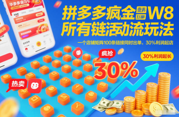 拼多多疯狂活动流玩法，所有链接全部打标，一个店铺矩阵100条链接同时出单，30%利润起店-777网创网