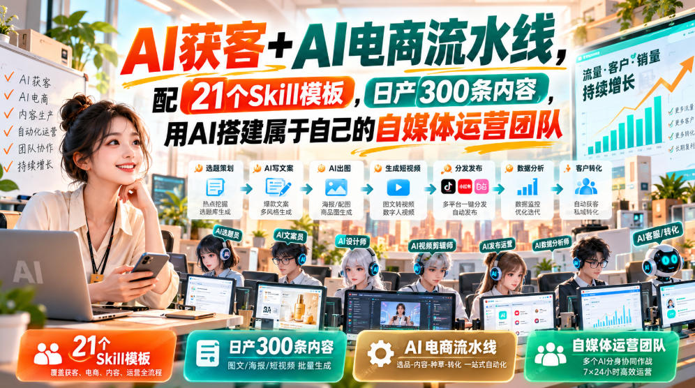 【无水印】AI获客+AI电商流水线,配21个Skill模板,日产300条内容,用AI搭建属于自己的自媒体运营团队(更新0930)