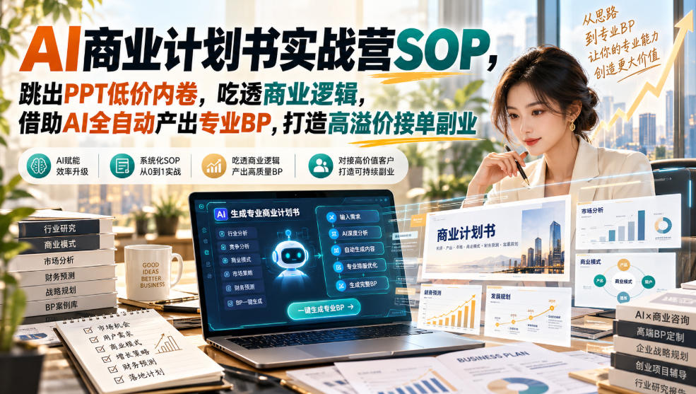 AI商业计划书实战营SOP，跳出PPT低价内卷，吃透商业逻辑，借助AI全自动产出专业BP，打造高溢价接单副业-777网创网