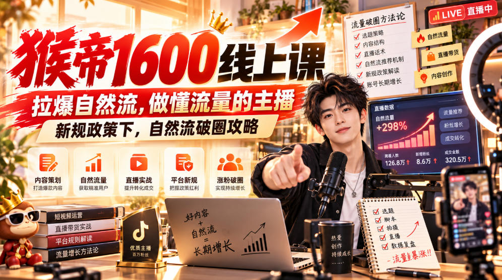 猴帝1600线上课,拉爆自然流,做懂流量的主播,新规政策下,自然流破圈攻略【更新261002】-777网创网