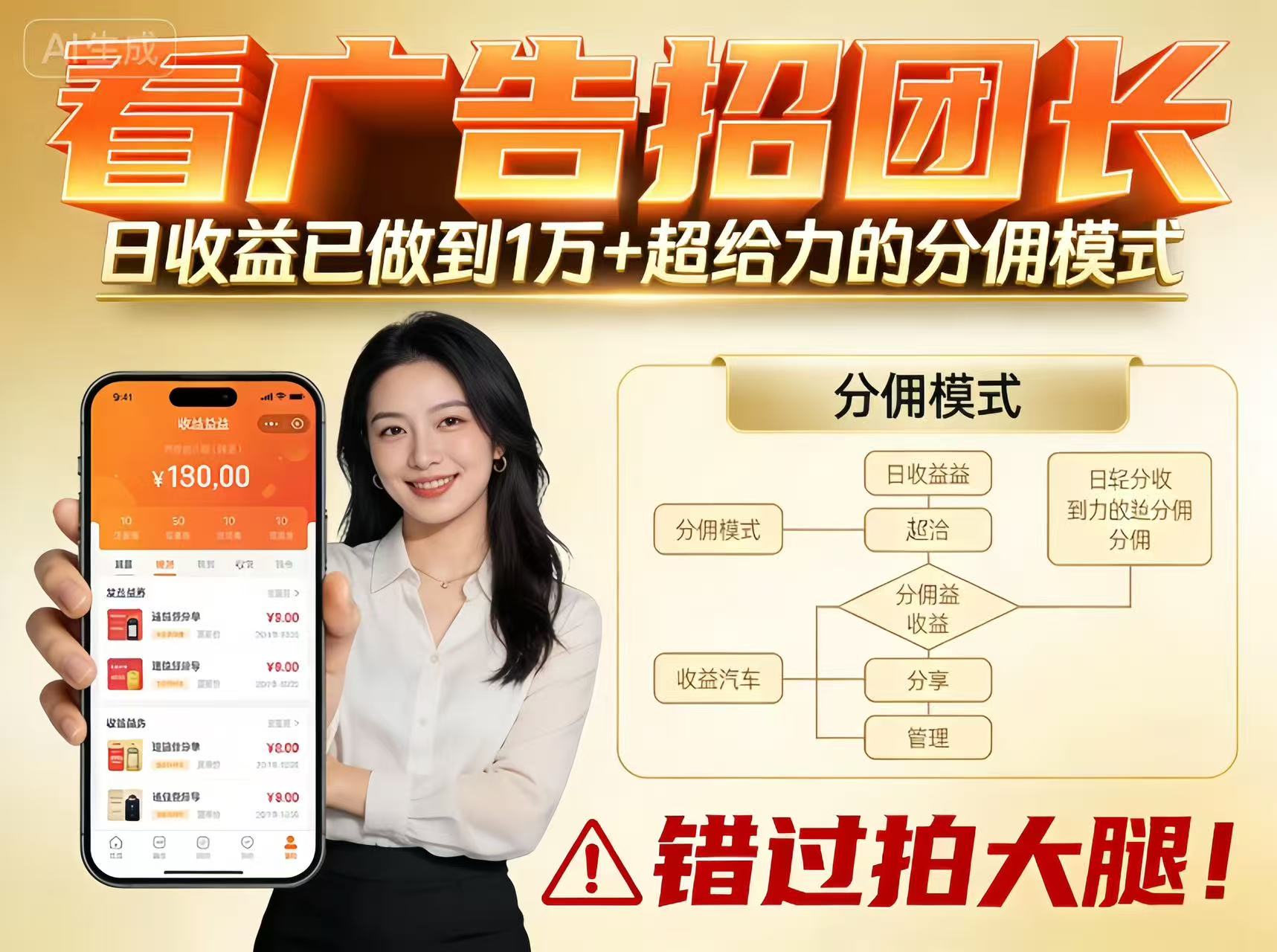看广告招团长，团队收益已做到日入1万，分佣模式超给力，错过拍大腿-777网创网