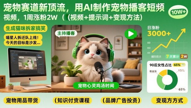 宠物赛道新顶流，用AI制作宠物播客短视频，1周涨粉2W（视频+提示词+变现方法）-777网创网