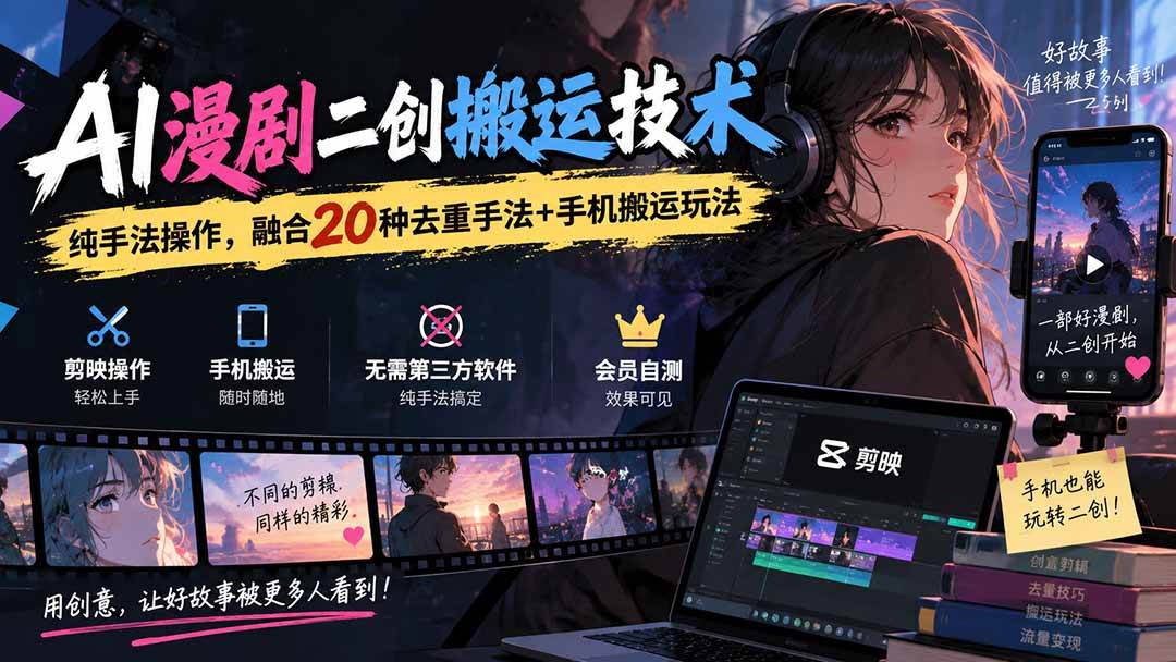 (20551期)AI漫剧二创搬运技术,纯手法操作,融合20种去重手法++手机搬运玩法-777网创网