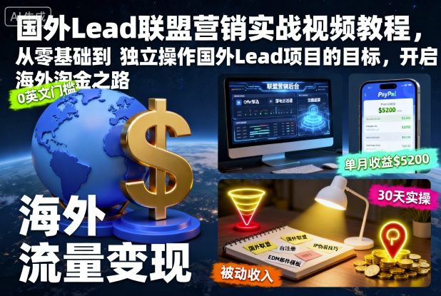 国外Lead联盟营销实战视频教程,从零基础到独立操作国外Lead项目的目标,开启海外淘金之路