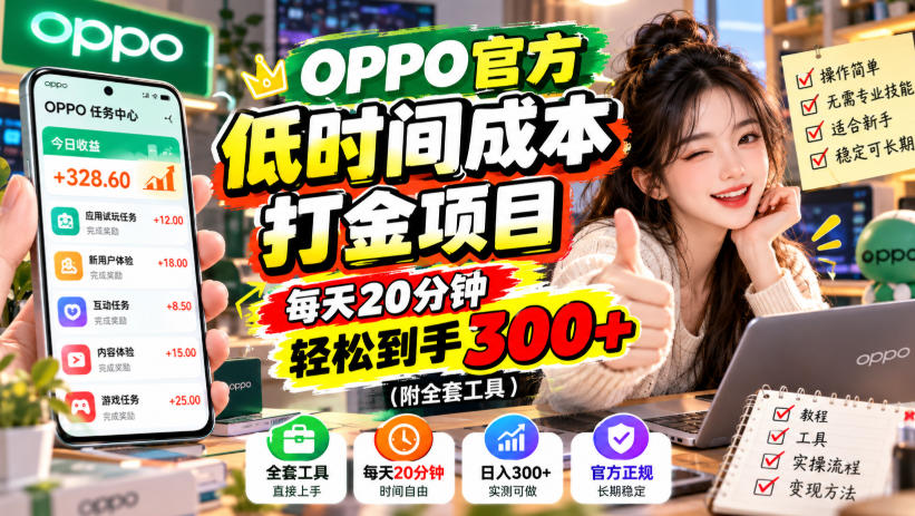 OPPO官方低时间成本打金项目，每天20分钟，轻松到手300+（附全套工具）【揭秘】-777网创网