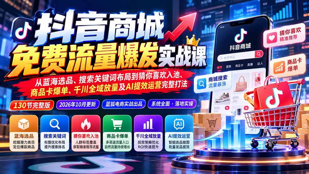 (20959期)抖音商城免费流量爆发实战:从蓝海选品、搜索关键词布局到猜你喜欢入池、商品卡爆单、千川全域放量及AI提效完整打法-777网创网