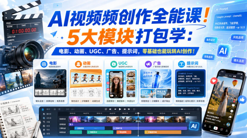 AI视频频创作全能课！5大模块打包学：电影、动画、UGC、广告、提示词，零基础也能玩转AI创作！【原创双语字幕】-777网创网