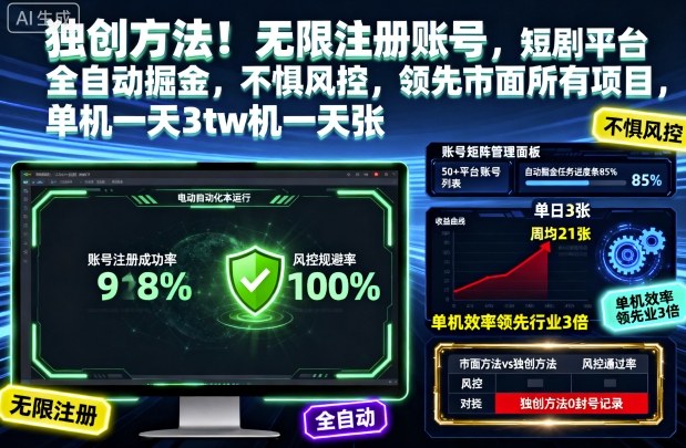 独创方法!无限注册账号,短剧平台全自动掘金,不惧风控,领先市面所有项目,单机一天3张【揭秘】-777网创网