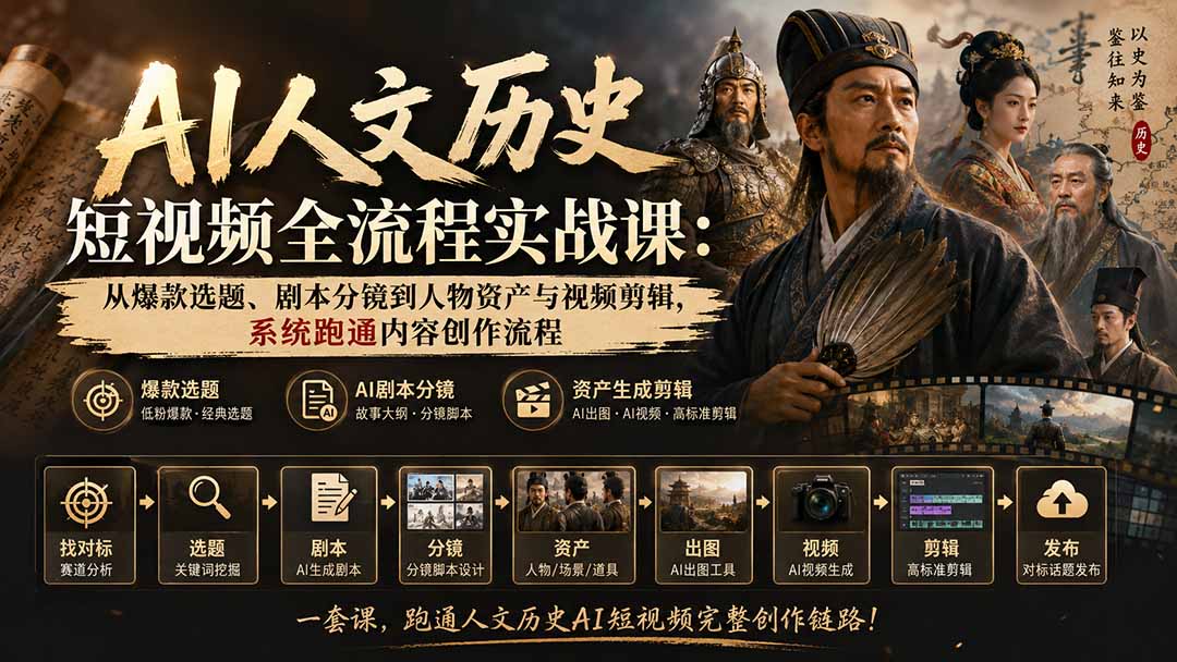 AI人文历史短视频全流程实战课：从爆款选题、剧本分镜到人物资产与视频剪辑，系统跑通内容创作流程-777网创网