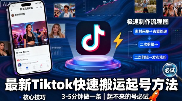 最新Tiktok快速搬运快速起号方法，3-5分钟做一条，起不来的号可以试试-777网创网