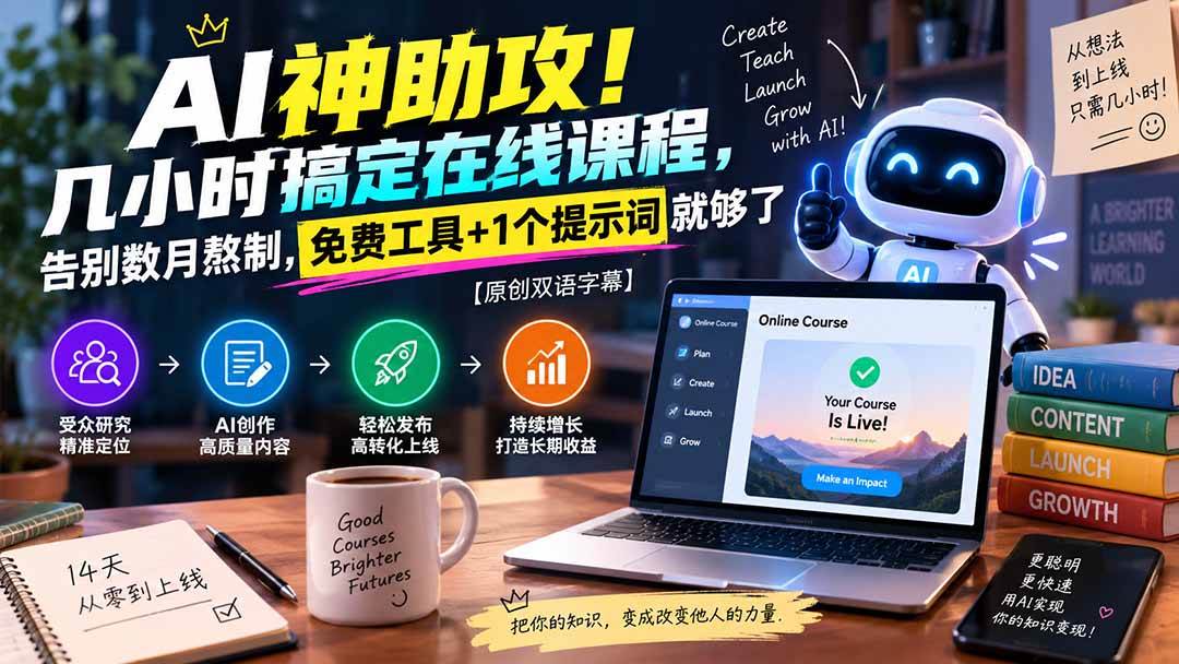 (20528期)AI神助攻!几小时搞定在线课程,告别数月熬制,免费工具+1个提示词就够了【原创双语字幕】-777网创网