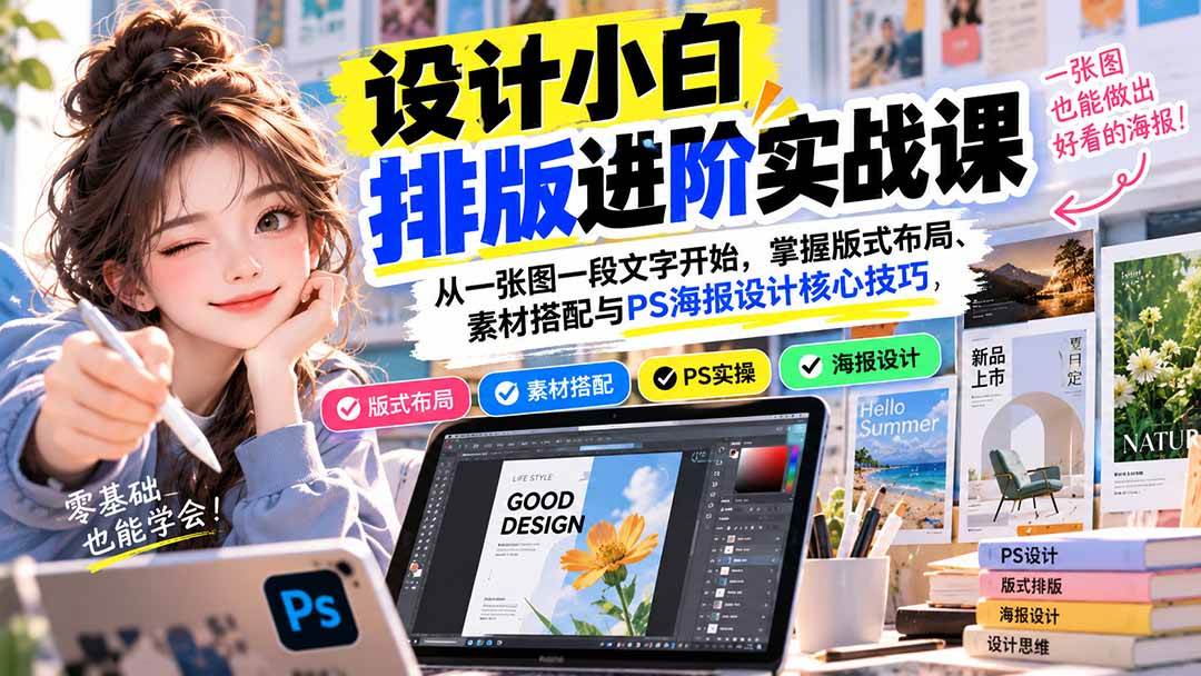 (20838期)设计小白排版进阶实战课:从一张图一段文字开始,掌握版式布局、素材搭配与PS海报设计核心技巧-777网创网