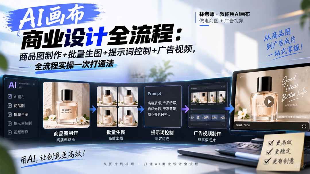 (20576期)AI画布商业设计全流程:商品图制作+批量生图+提示词控制+广告视频,全流程实操一次打通法-777网创网