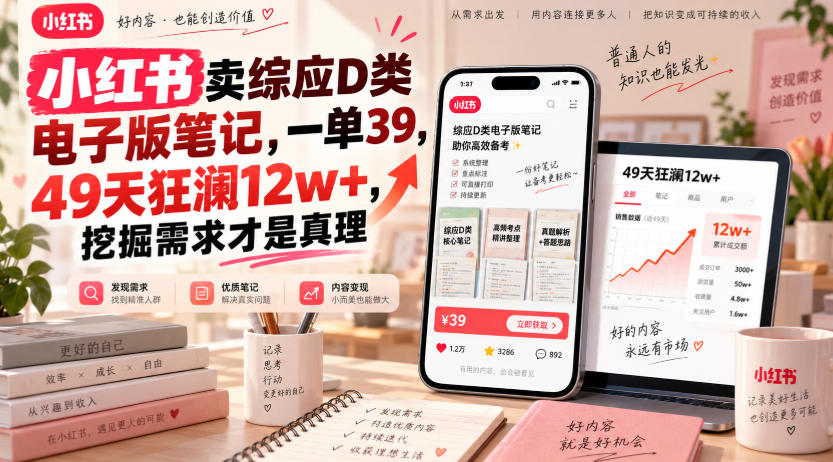 小红书卖综应D类电子版笔记,一单39,49天狂澜12w+,挖掘需求才是真理-777网创网