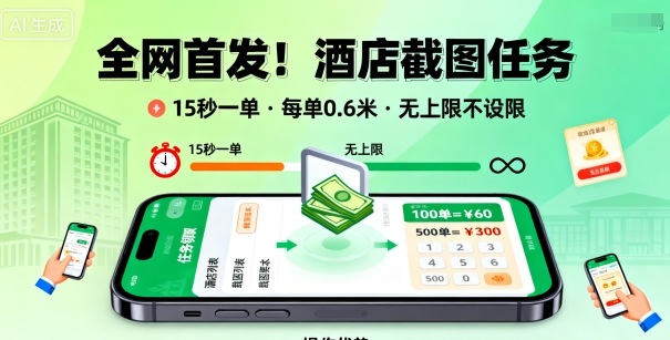 全网首发!酒店截图任务,15秒一单,每单0.6米,任务无上限不设限,矩阵操作单日3张到手【揭秘】-777网创网