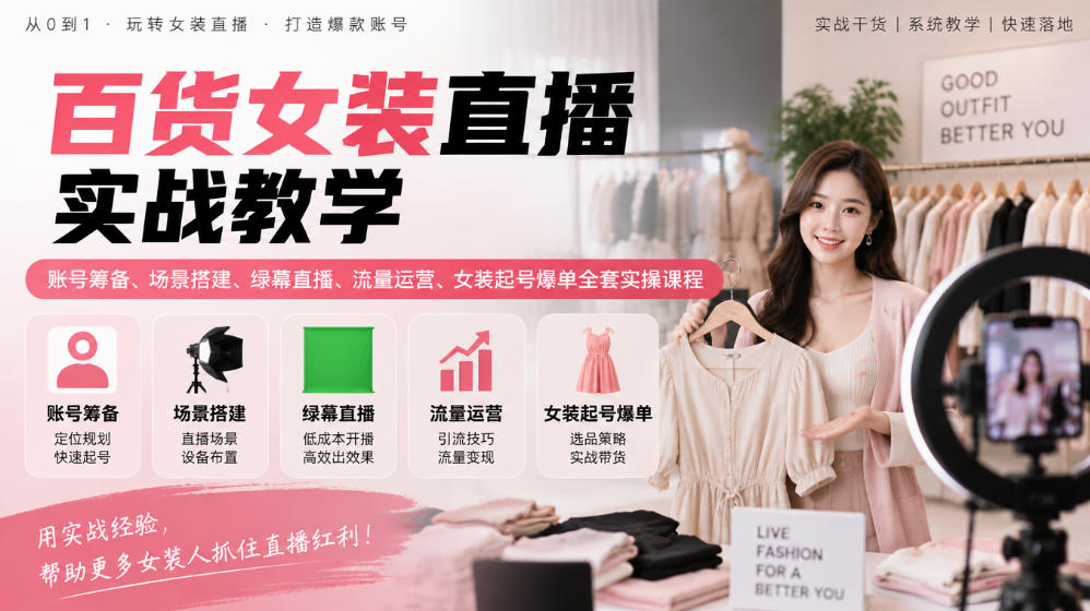 百货女装直播实战教学|账号筹备、场景搭建、绿幕直播、流量运营、女装起号爆单全套实操课程-777网创网