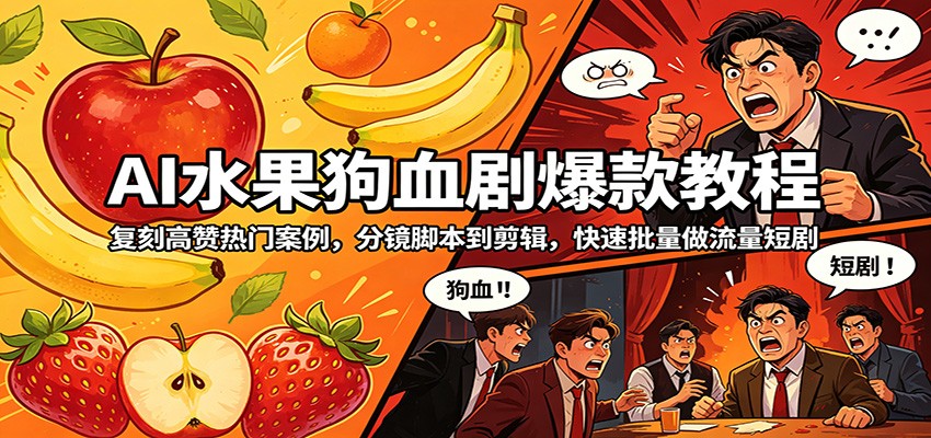 AI水果狗血剧爆款教程：复刻高赞热门案例，分镜脚本到剪辑，快速批量做流量短剧-777网创网