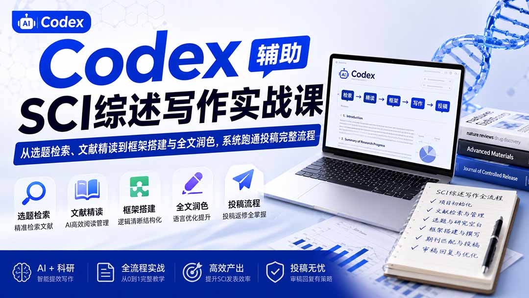 Codex辅助SCI综述写作实战课——从选题检索、文献精读到框架搭建与全文润色,系统跑通投稿完整流程-777网创网