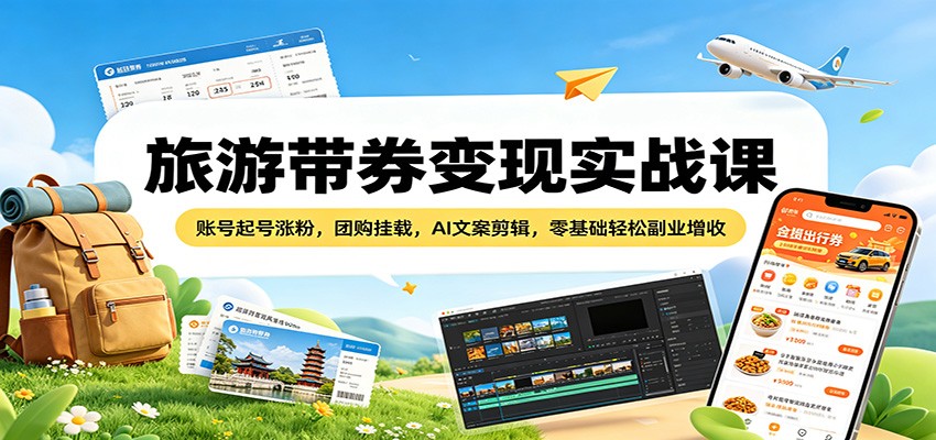 旅游带券变现实战课：账号起号涨粉，团购挂载，AI文案剪辑，零基础轻松副业增收-777网创网