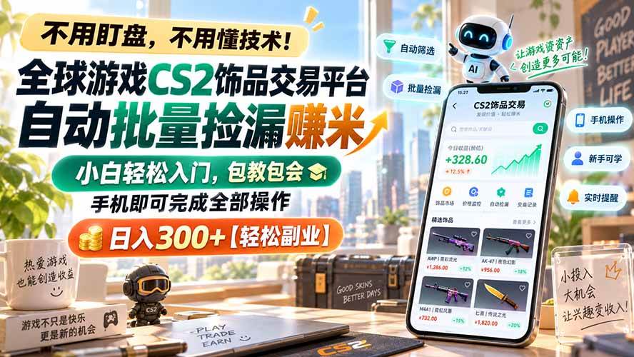 (20454期)全球游戏CS2饰品交易平台自动批量捡漏赚米,小白轻松入门,包教包会,手机即可完成全部操作,日入300+【轻松副业】-777网创网