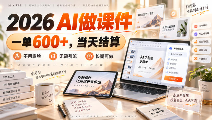 2026 AI做课件,一单600+,当天结算,不用露脸,无需引流,长期可做【揭秘】-777网创网