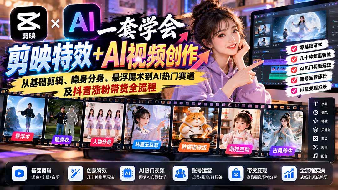 (20999期)一套学会剪映特效+AI视频创作:从基础剪辑、隐身分身、悬浮魔术到AI热门赛道及抖音涨粉带货全流程-777网创网
