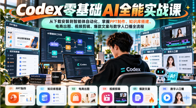 Codex零基础AI全能实战课：从下载安装到智能体自动化，掌握知识库搭建、电商出图、视频剪辑、爆款文案与数字人口播全流程-777网创网