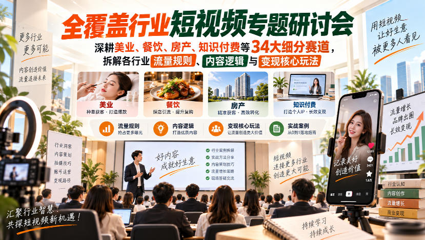 短视频专题研讨会,深耕美业、餐饮、房产、知识付费等34大细分赛道,拆解各行业流量规则、内容逻辑与变现核心玩法(更新1011)-777网创网