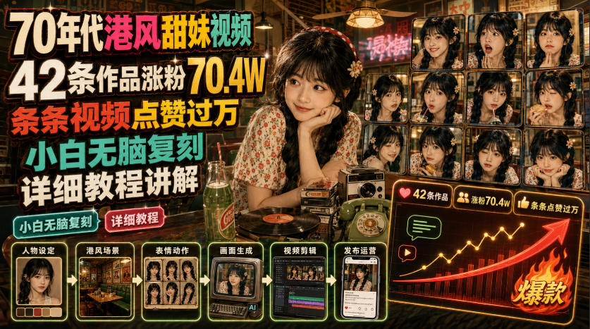 70年代港风甜妹视频，42条作品涨粉70.4W，条条视频点赞过万，小白无脑复刻，详细教程讲解-777网创网