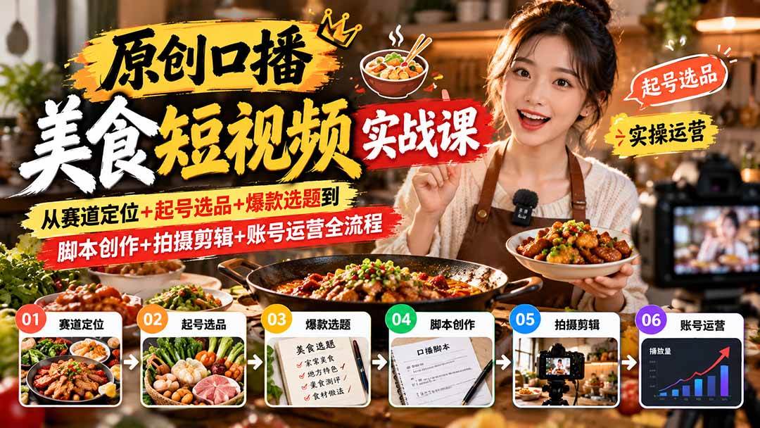 (20786期)原创口播美食短视频实战课:从赛道定位+起号选品+爆款选题到脚本创作+拍摄剪辑+账号运营全流程-777网创网