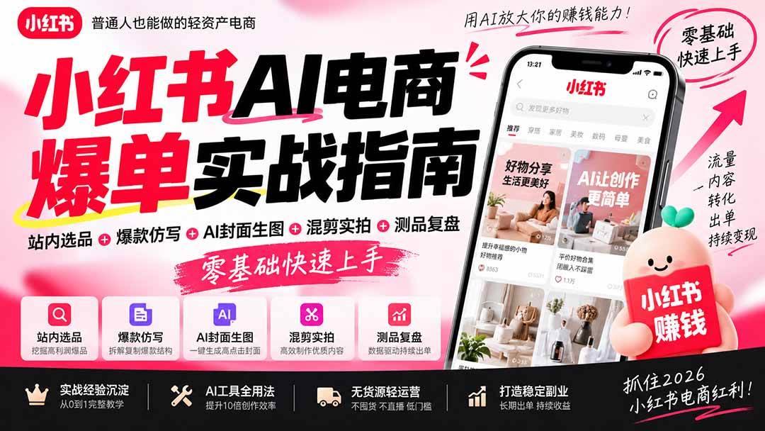 (20516期)2026小红书AI电商爆单实战指南:站内选品+爆款仿写+AI封面生图+混剪实拍+测品复盘,零基础快速上手-777网创网