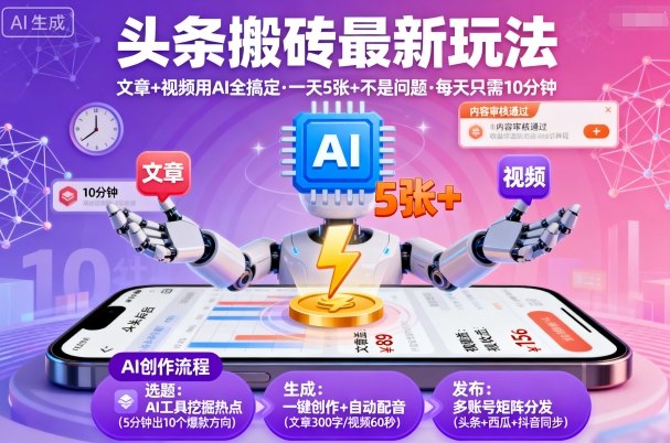 头条搬砖最新玩法,文章+视频用AI全搞定,一天5张+不是问题,每天只需10分钟-777网创网
