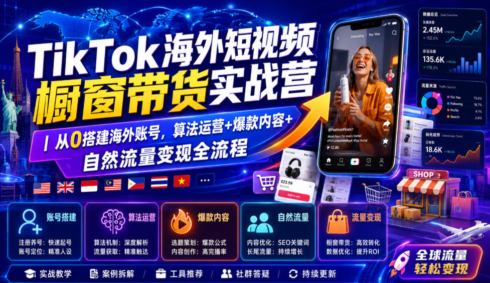TikTok海外短视频橱窗带货实战营｜从0搭建海外账号，算法运营+爆款内容+自然流量变现全流程-777网创网