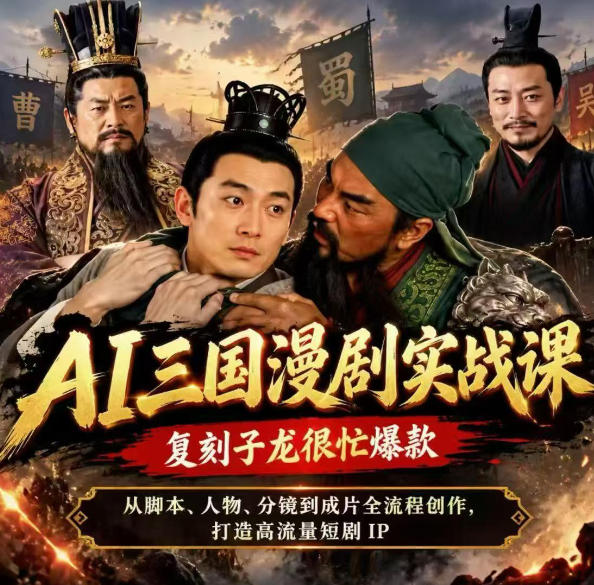 抖音14W粉博主同款AI三国漫剧实战课,复刻子龙很忙爆款,从脚本、人物、分镜到成片全流程创作,打造高流量短剧IP-777网创网