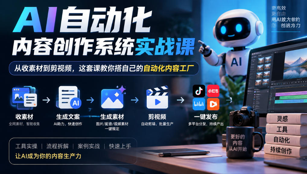 AI自动化内容创作系统实战课，从收素材到剪视频，这套课教你搭自己的自动化内容工厂-777网创网