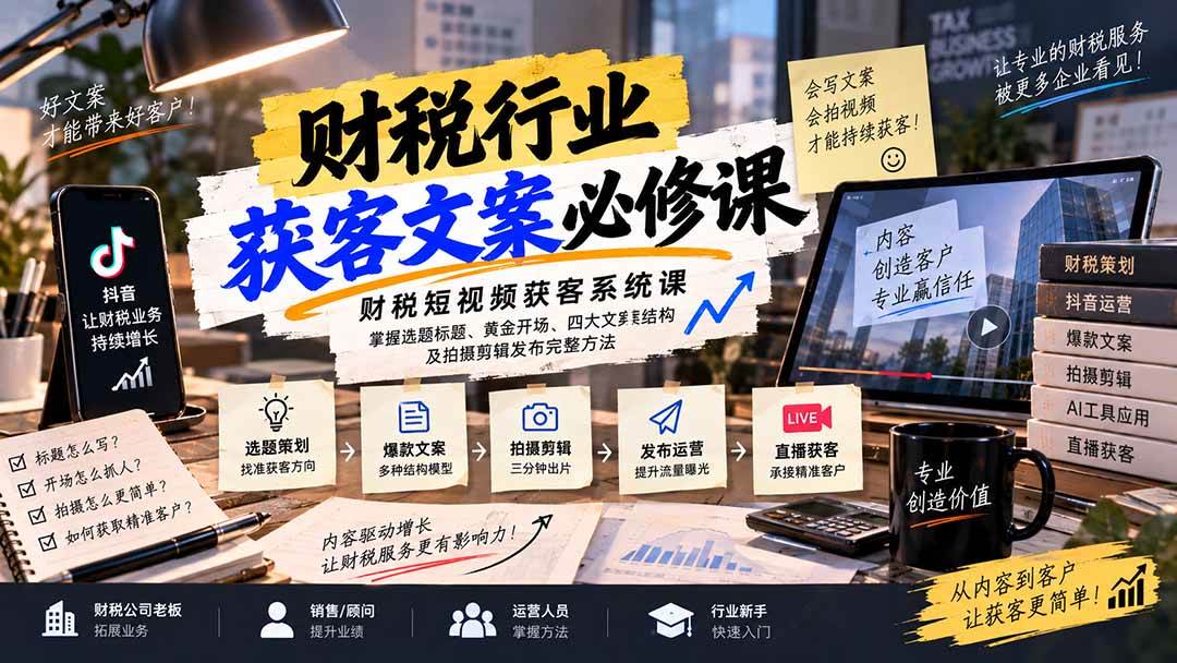 (20591期)财税短视频获客系统课:掌握选题标题、黄金开场、四大文案结构及拍摄剪辑发布完整方法 (20591期)财税短视频获客系统课:掌握选题标题、黄金开场、四大文案结构及拍摄剪辑发布完整方法