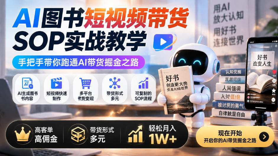 AI图书短视频带货SOP实战教学,手把手带你跑通AI带货掘金之路,高客单高佣金,带货形式多元,轻松月入1W+(完结)