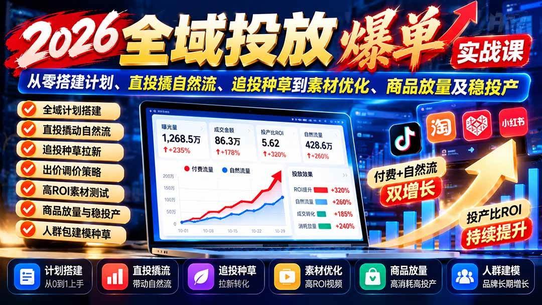 （20989期）2026全域投放爆单实战课：从零搭建计划、直投撬自然流、追投种草到素材优化、商品放量及稳投产-777网创网