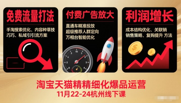 淘宝天猫精细化爆品运营11月22-24杭州线下课，免费流量打法+付费广告放大+利润增长（音频+文档）-777网创网